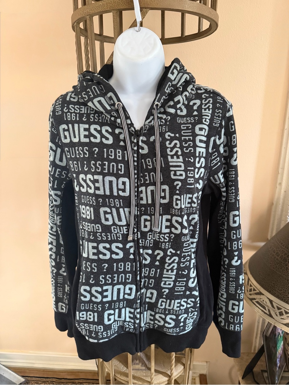 GUESS Vintage Y2K Black & Grey All-Over Logo Full Zip Hooded Fleece Sweatshirt